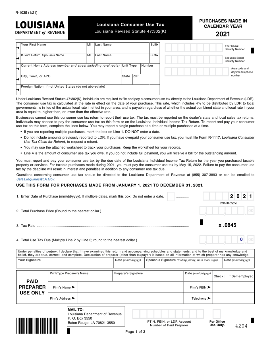 Form R 1035 Download Fillable PDF Or Fill Online Louisiana Consumer Use Tax 2021 Louisiana