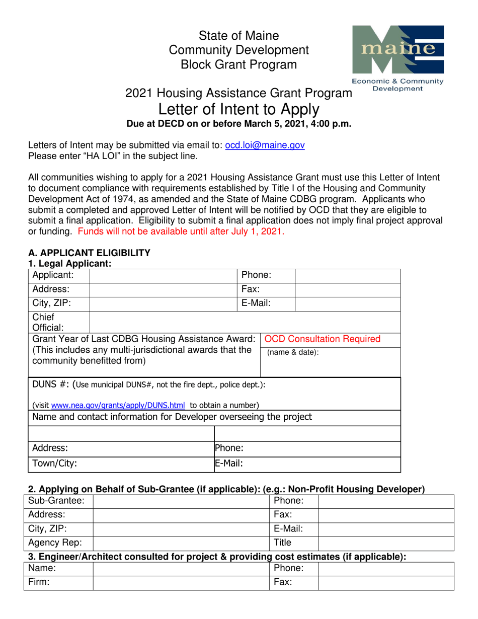 2021 Maine Housing Assistance Grant Program Letter of Intent to Apply Fill Out, Sign Online