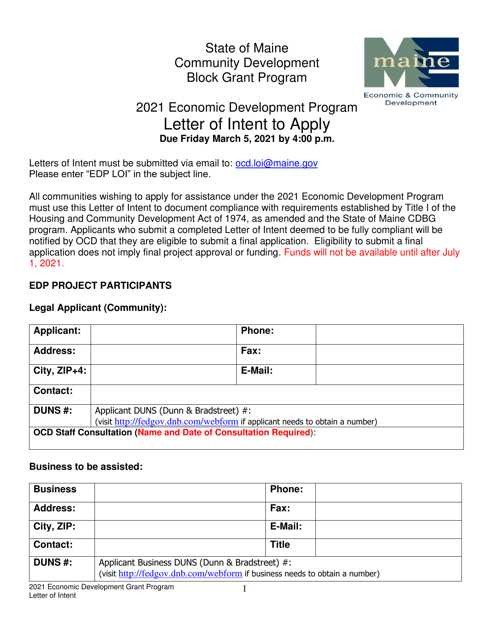 Economic Development Program Letter of Intent to Apply - Maine, 2021