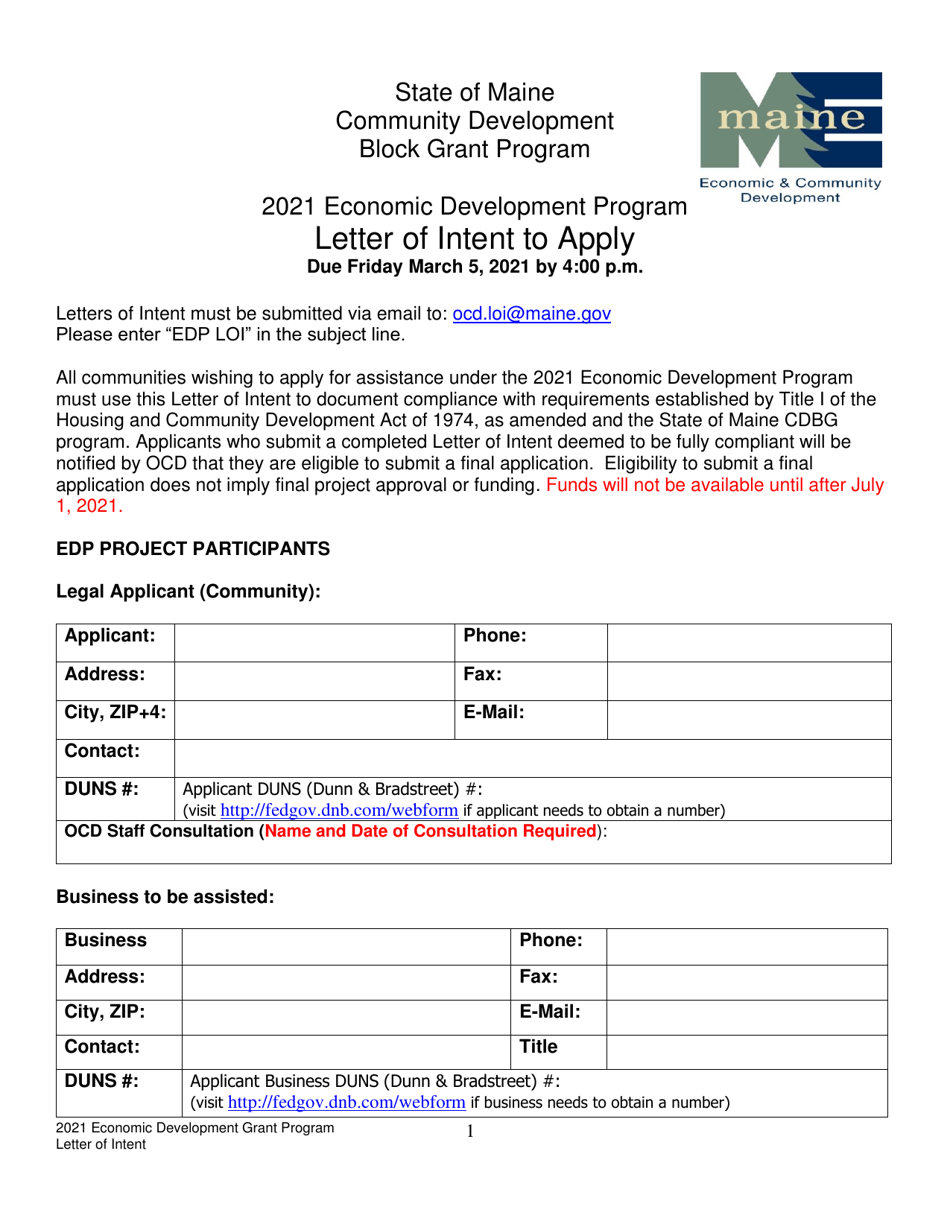 Economic Development Program Letter of Intent to Apply - Maine, Page 1