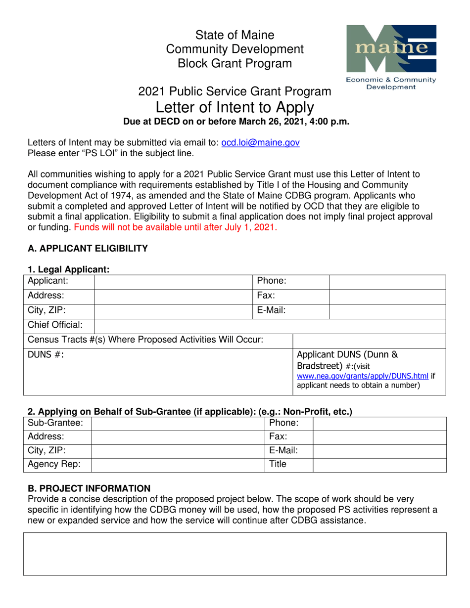 Public Service Grant Program Letter of Intent to Apply - Maine, Page 1