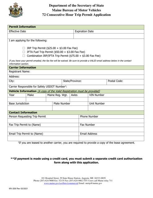 Form MV-208 72 Consecutive Hour Trip Permit Application - Maine