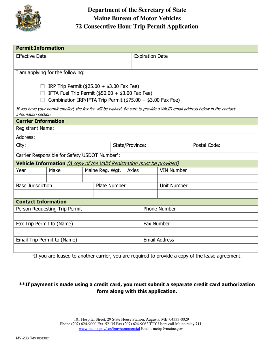 Form MV-208 72 Consecutive Hour Trip Permit Application - Maine, Page 1