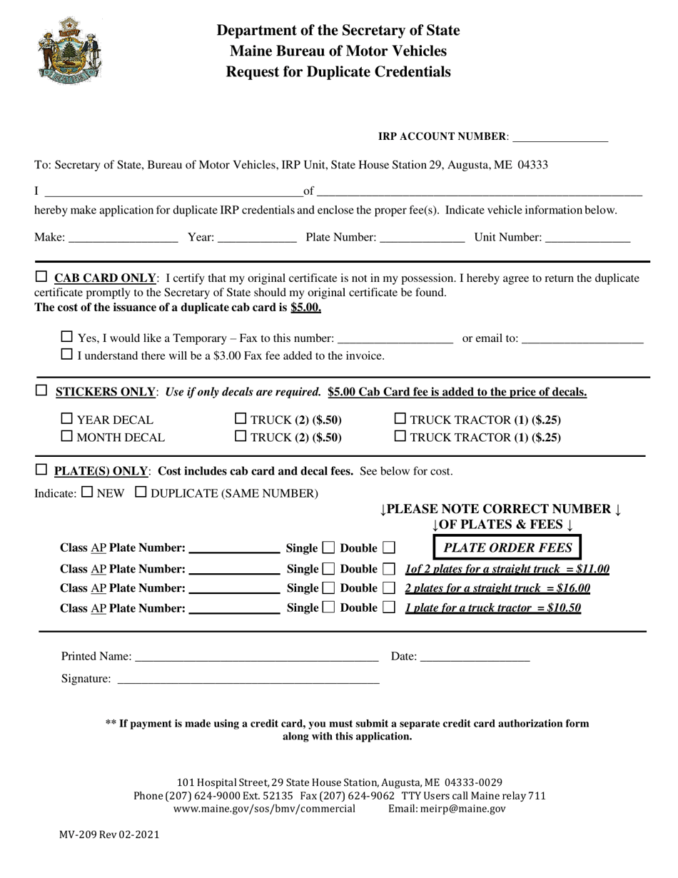 Form MV-209 Request for Duplicate Credentials - Maine, Page 1