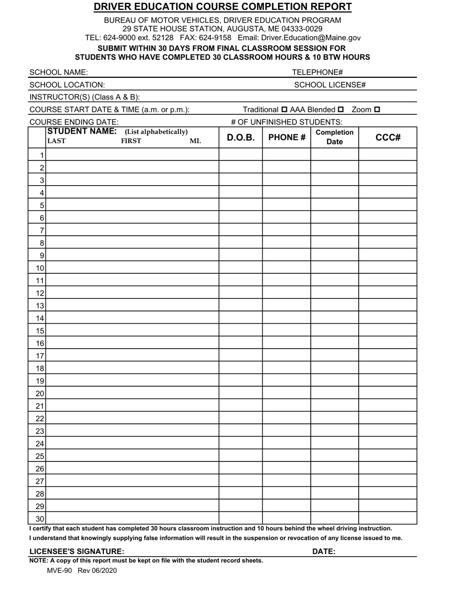 Form MVE-90 Driver Education Course Completion Report - Maine, Page 1
