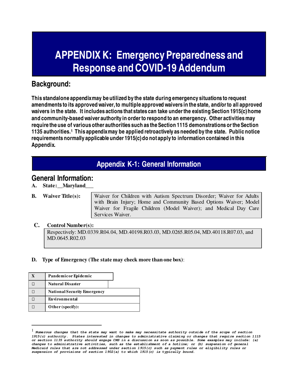 Appendix K Emergency Preparedness and Response and Covid-19 Addendum - Maryland, Page 1