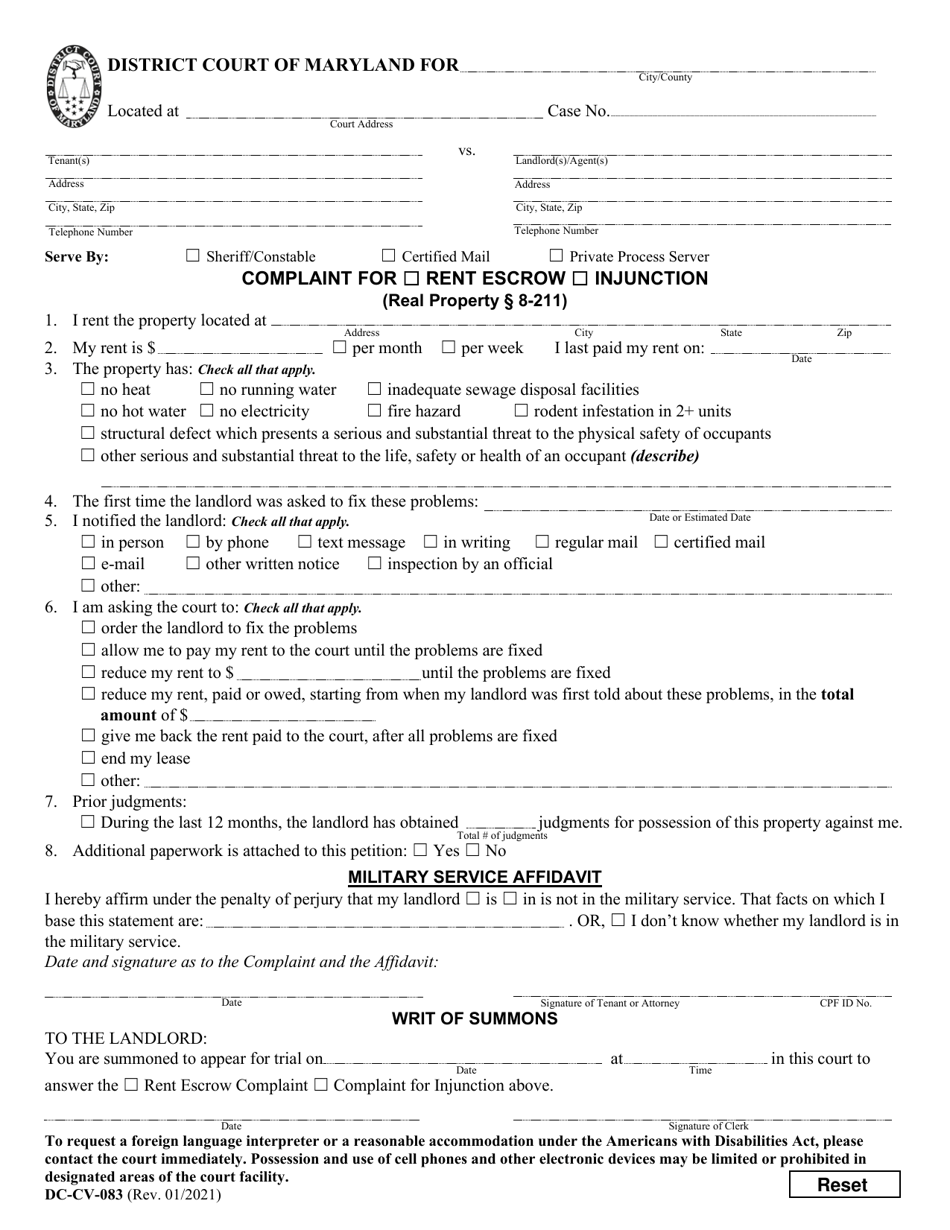 Form DC-CV-083 Complaint for Rent Escrow / Injunction - Maryland, Page 1