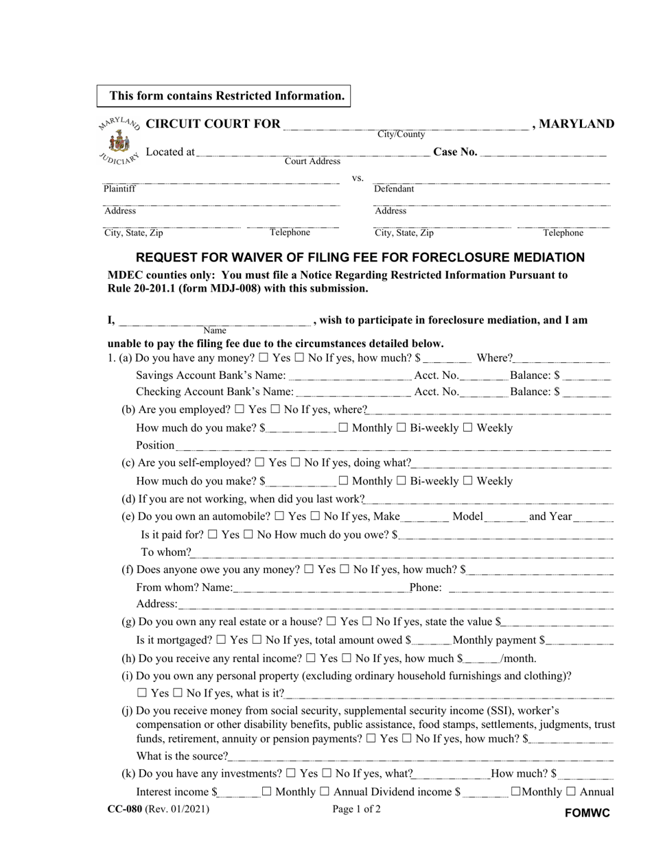 Form CC-0080 Request for Waiver of Filing Fee for Foreclosure Mediation - Maryland, Page 1