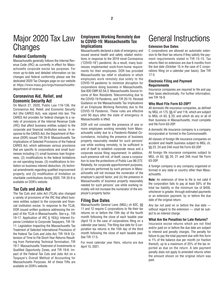 Instructions for Form 63-20P Premium Excise Return for Life Insurance Companies - Massachusetts, Page 2