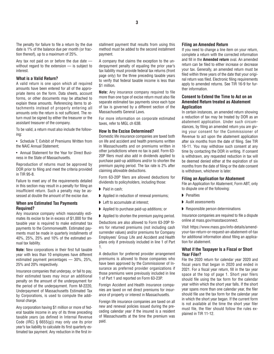 Instructions for Form 63-20P Premium Excise Return for Life Insurance Companies - Massachusetts, Page 3