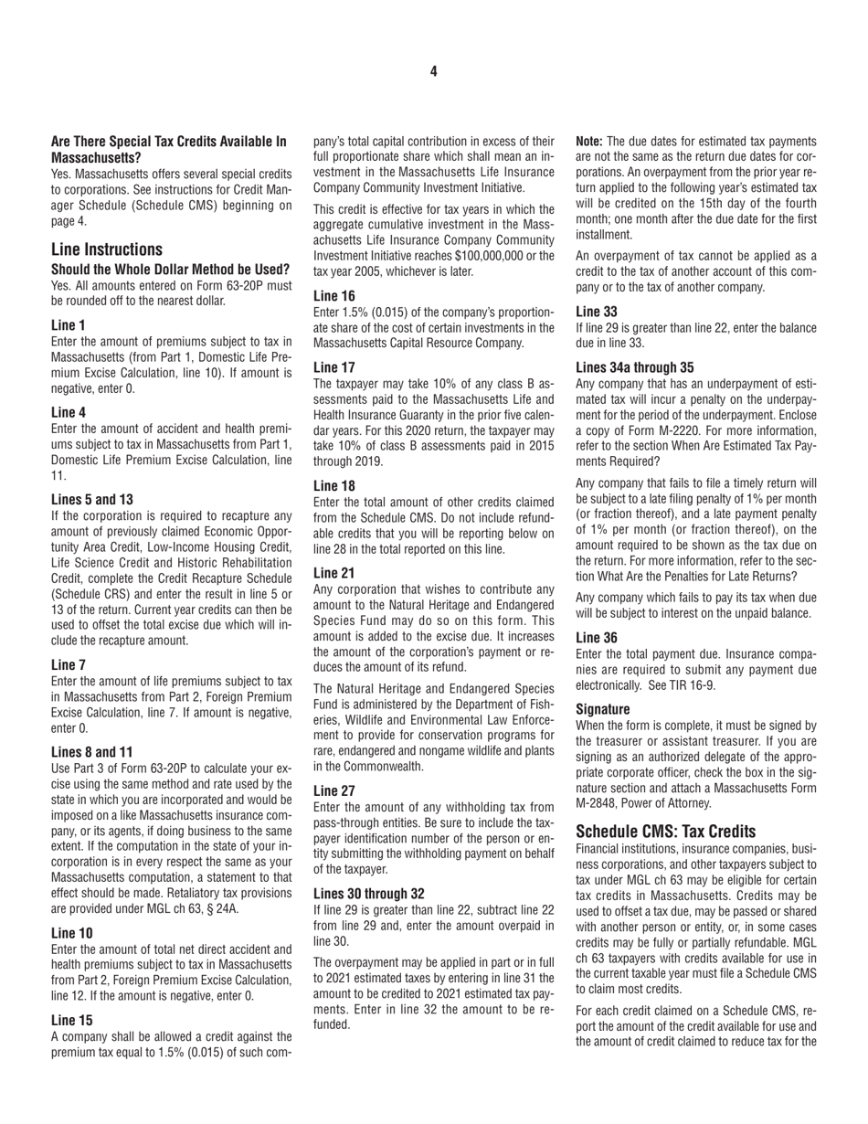 Instructions for Form 63-20P Premium Excise Return for Life Insurance Companies - Massachusetts, Page 4