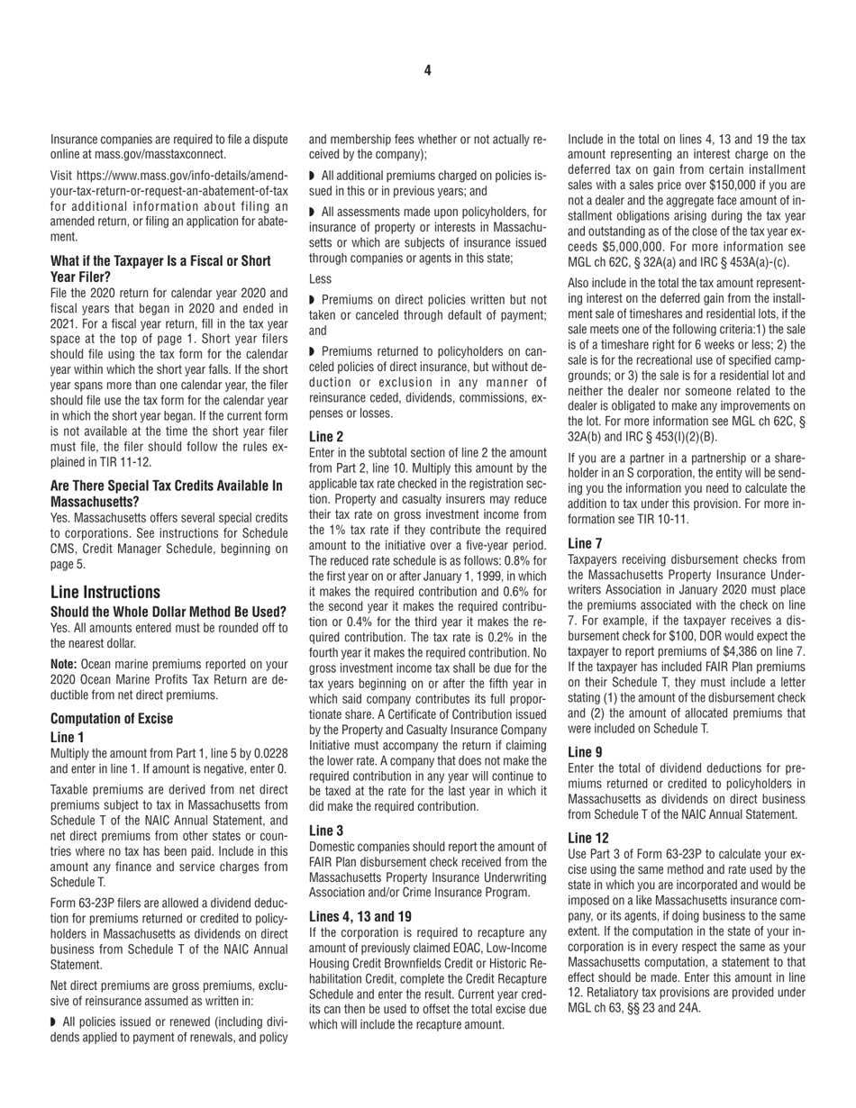 Instructions for Form 63-23P Premium Excise Return for Insurance Companies - Massachusetts, Page 4