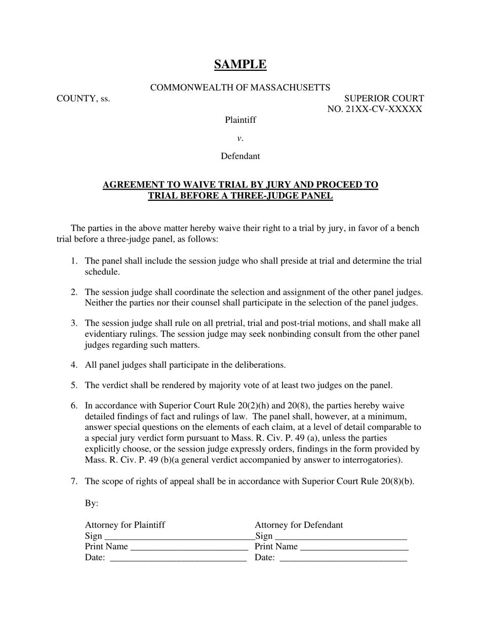 Agreement to Waive Trial by Jury and Proceed to Trial Before a Three-Judge Panel - Massachusetts, Page 1