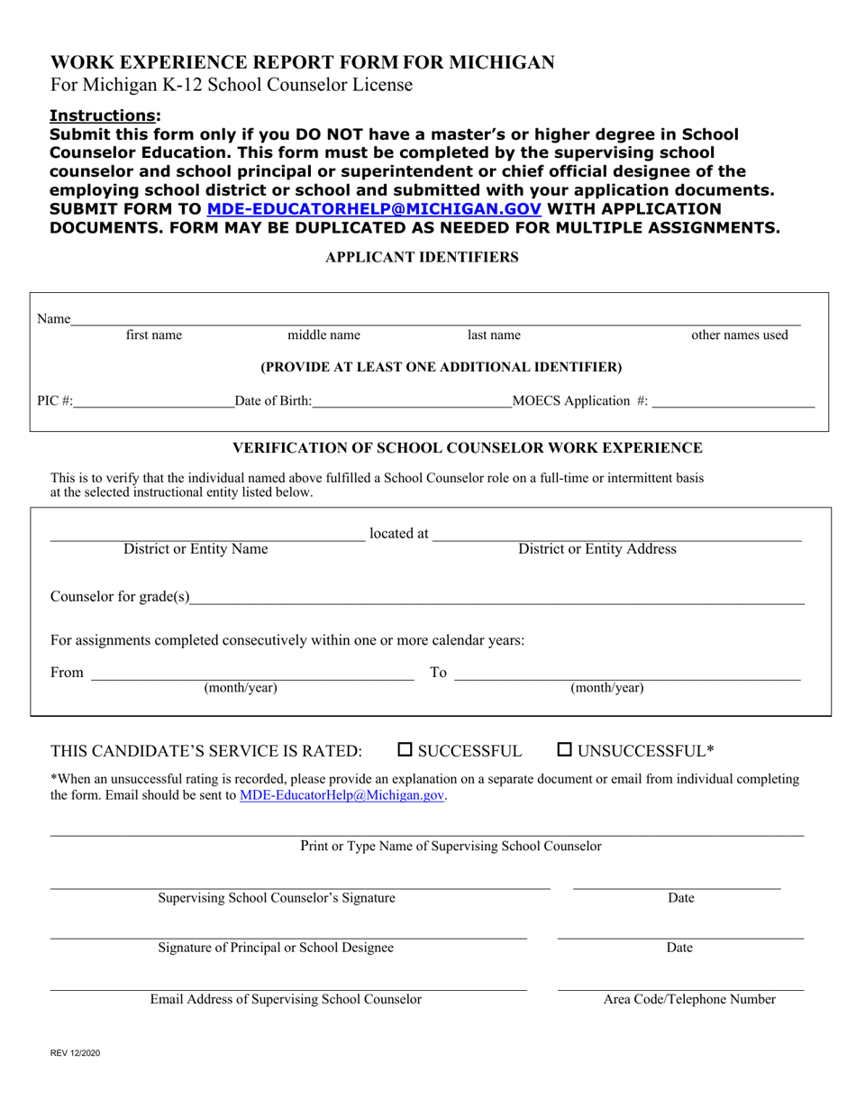 Work Experience Report Form for Michigan for Michigan K-12 School Counselor License - Michigan, Page 1