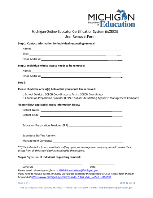 Michigan Online Educator Certification System (Moecs) User Removal Form - Michigan Download Pdf
