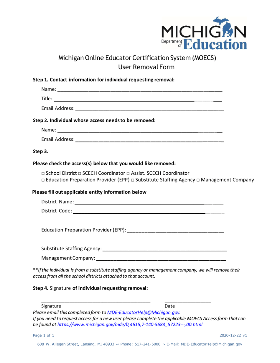 Michigan Online Educator Certification System (Moecs) User Removal Form - Michigan, Page 1