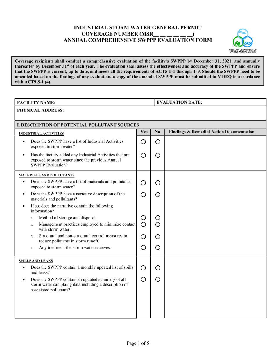 Annual Comprehensive Swppp Evaluation Form - Mississippi, Page 1