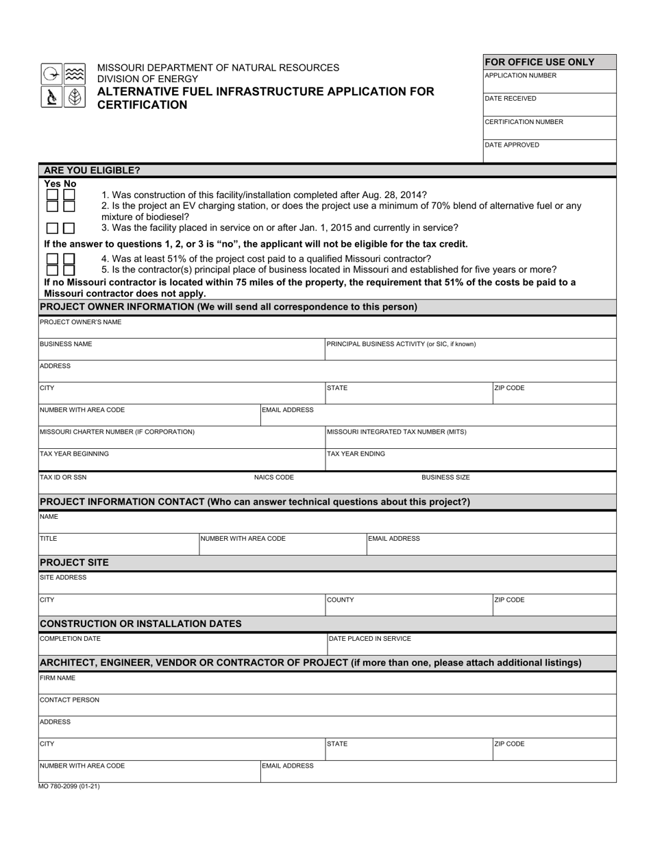 Form MO780-2099 Alternative Fuel Infrastructure Application for Certification - Missouri, Page 1