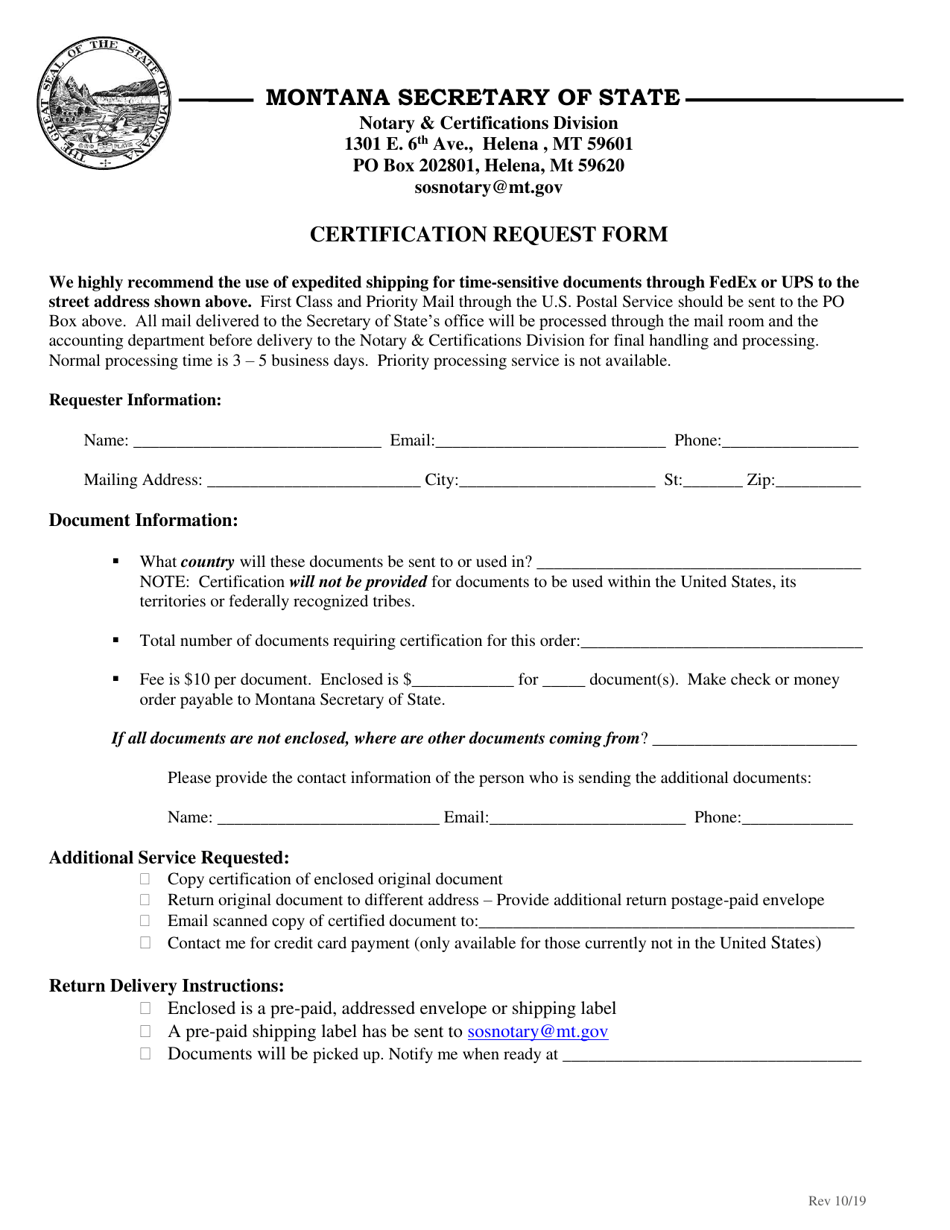 Certification Request Form - Montana, Page 1