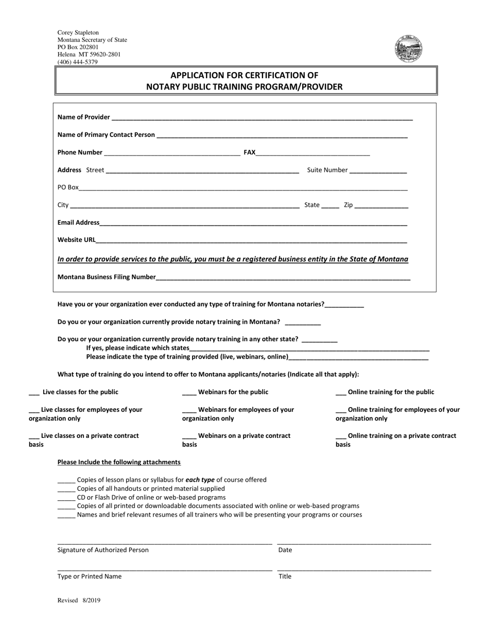 Application for Certification of Notary Public Training Program / Provider - Montana, Page 1