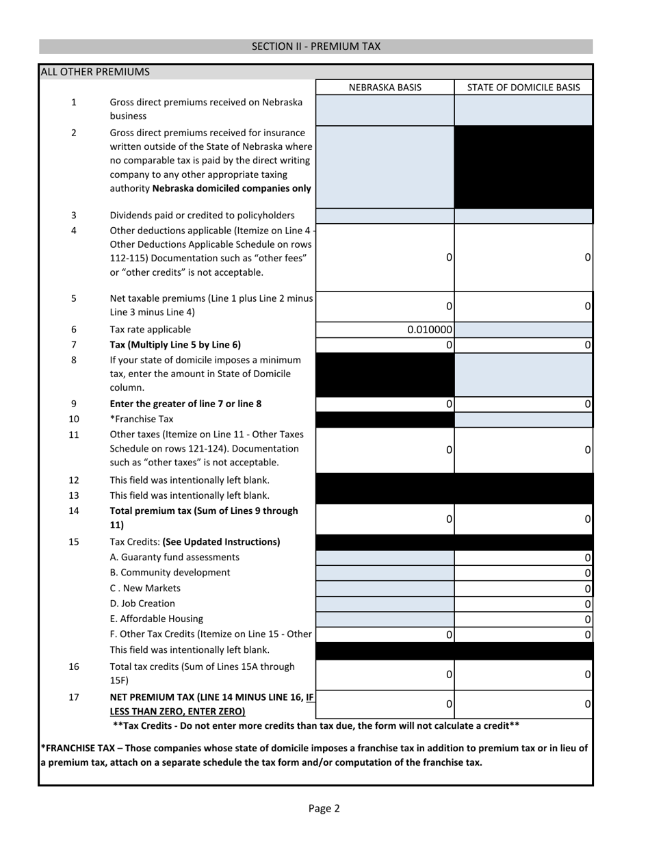 Annual Tax Return - Title Insurers, Risk Retention Groups - Nebraska, Page 2