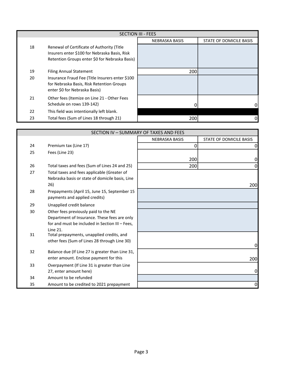 Annual Tax Return - Title Insurers, Risk Retention Groups - Nebraska, Page 3