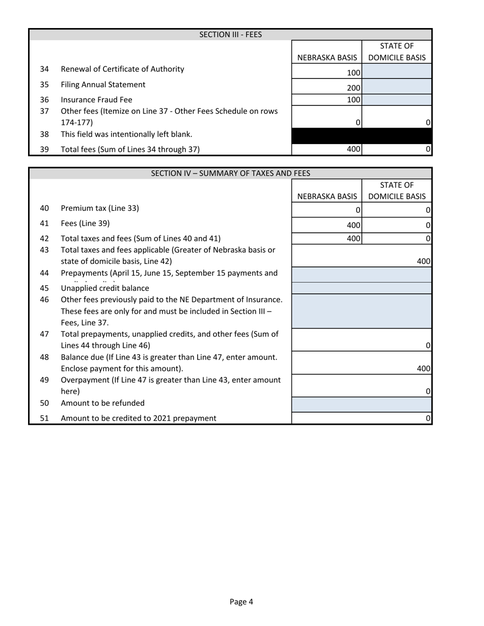 Annual Tax Return - Life and Health Insurer, Health Maintenance Organization - Nebraska, Page 4