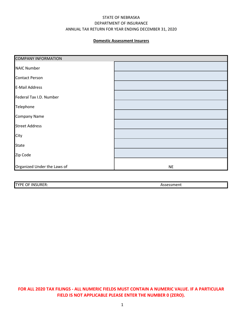 Annual Tax Return - Domestic Assessment Insurers - Nebraska, Page 1