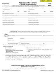 Form 458T Application for Transfer of Nebraska Homestead Exemption - Nebraska