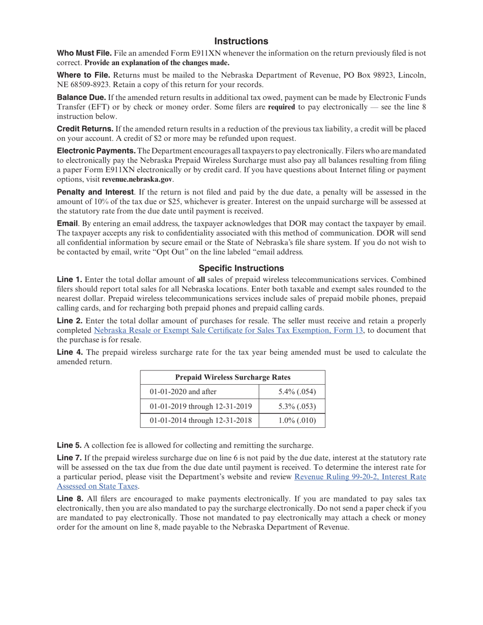 Form E911XN Amended Nebraska Prepaid Wireless Surcharge Return - Nebraska, Page 2