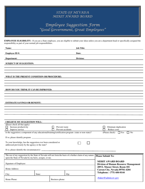 Employee Suggestion Form - Nevada Download Pdf