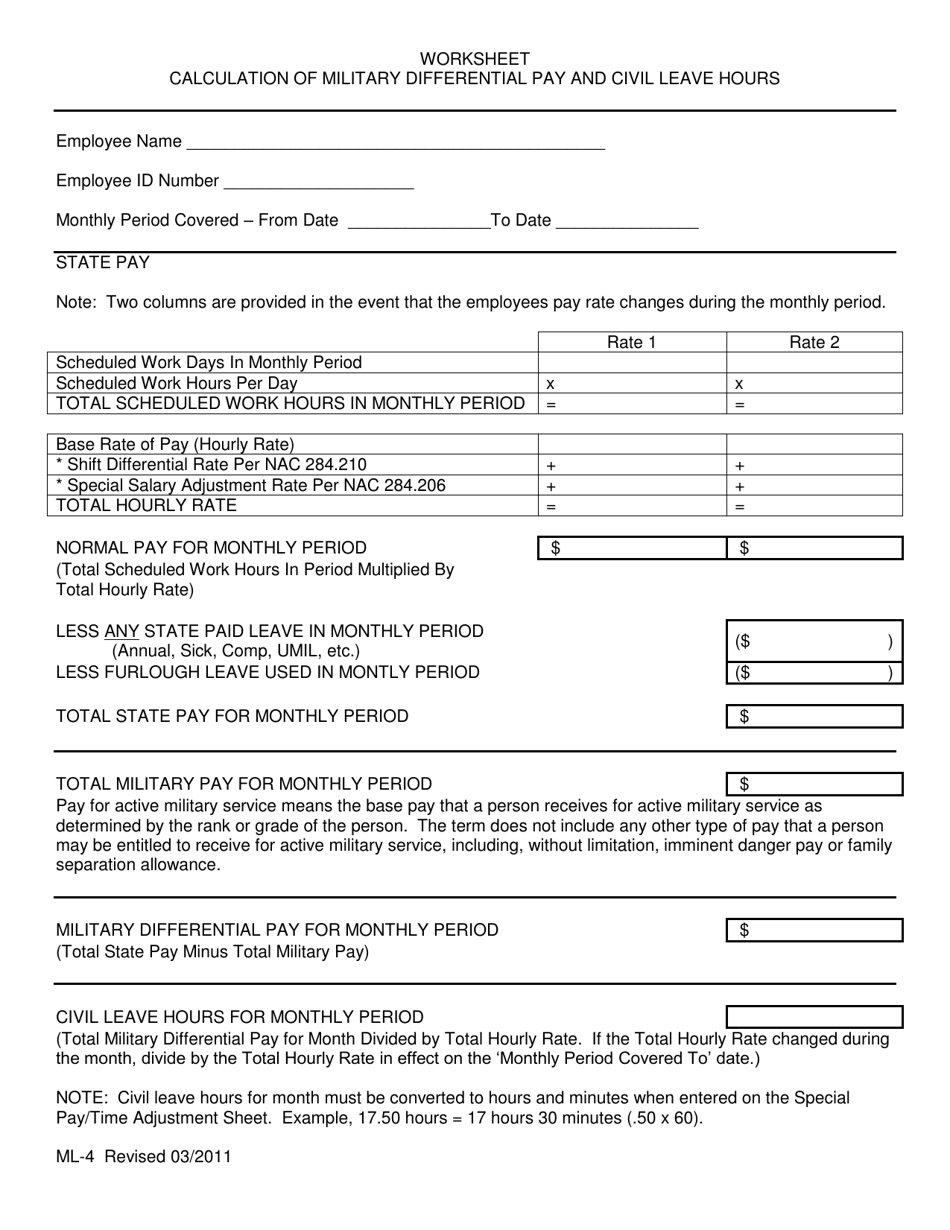 Worksheet ML-4 Calculation of Military Differential Pay and Civil Leave Hours - Nevada, Page 1