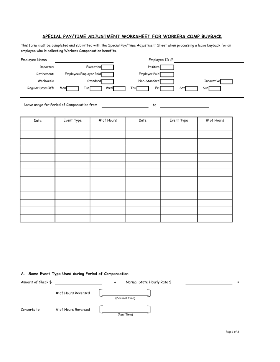 Special Pay / Time Adjustment Worksheet for Workers Comp Buyback - Nevada, Page 1