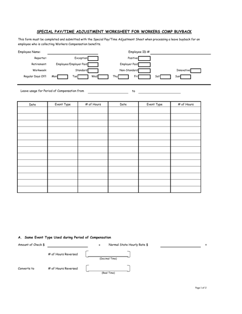Special Pay/Time Adjustment Worksheet for Workers Comp Buyback - Nevada