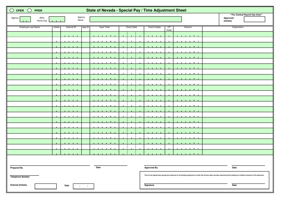 Special Pay / Time Adjustment Sheet - Nevada, Page 1