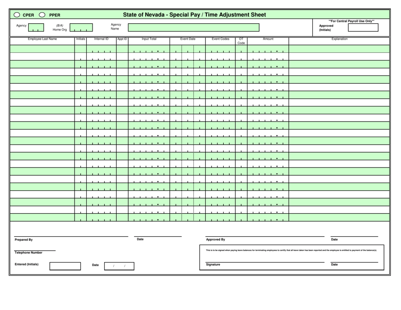 Special Pay/Time Adjustment Sheet - Nevada