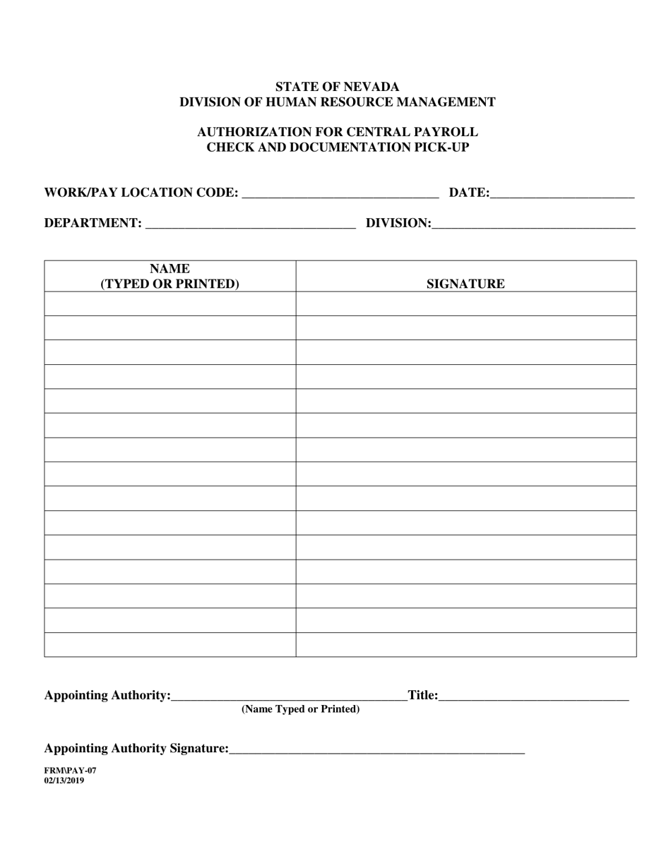 Form FRM PAY-07 Authorization for Central Payroll Check and Documentation Pick-Up - Nevada, Page 1