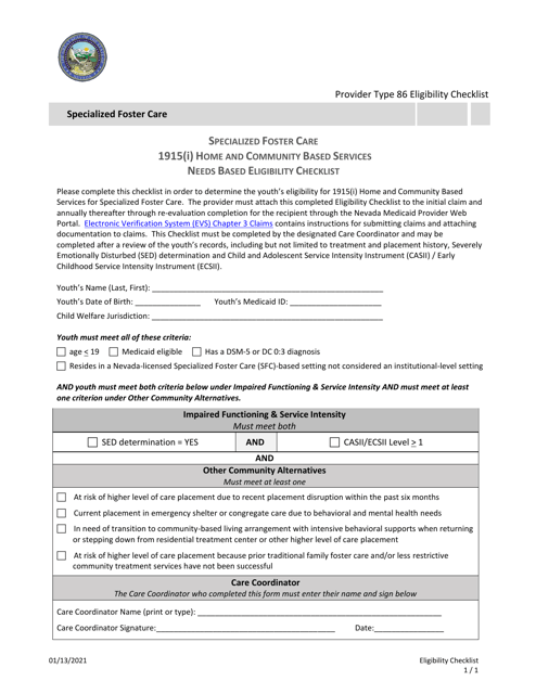 Specialized Foster Care 1915(I) Home and Community Based Services Needs Based Eligibility Checklist - Nevada Download Pdf