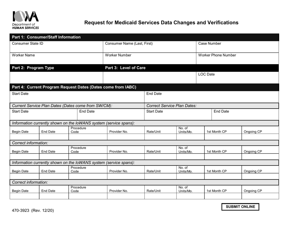 Form 470-3923 Request for Medicaid Services Data Changes and Verifications - Iowa, Page 1