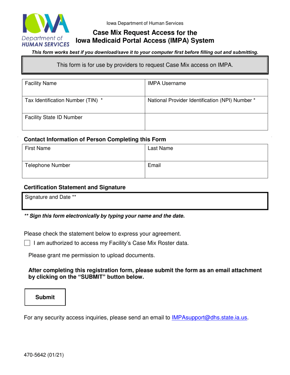 Form 470-5642 Case Mix Request Access for the Iowa Medicaid Portal Access (Impa) System - Iowa, Page 1