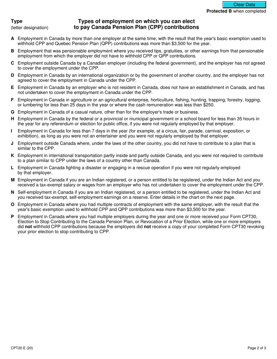 Form CPT20 Election to Pay Canada Pension Plan Contributions - Canada, Page 2