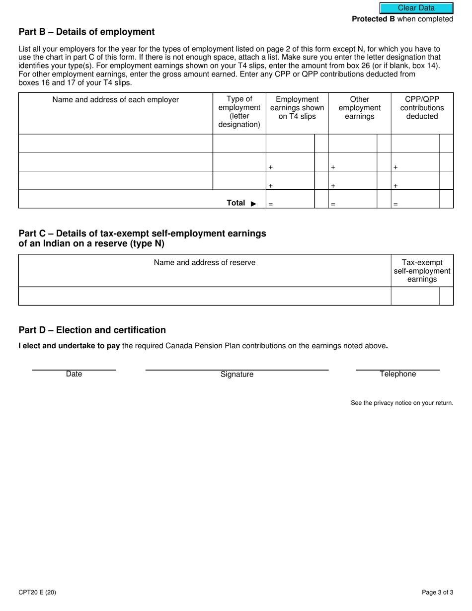 Form CPT20 Election to Pay Canada Pension Plan Contributions - Canada, Page 3