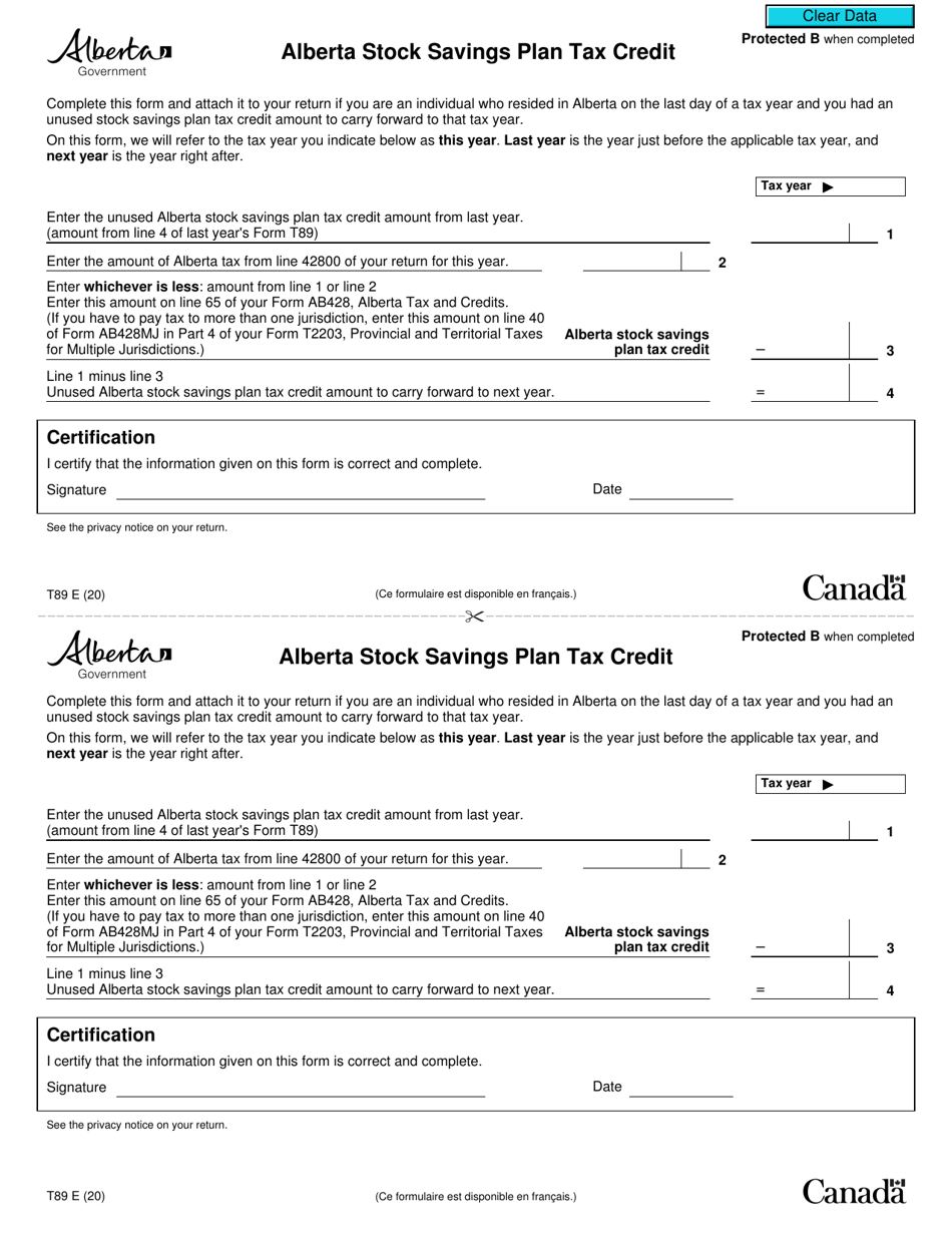 Form T89 Alberta Stock Savings Plan Tax Credit - Canada, Page 1