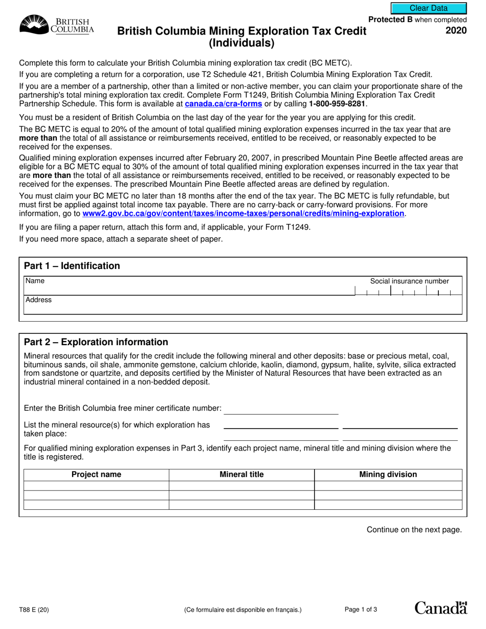 Form T88 British Columbia Mining Exploration Tax Credit (Individuals) - Canada, Page 1