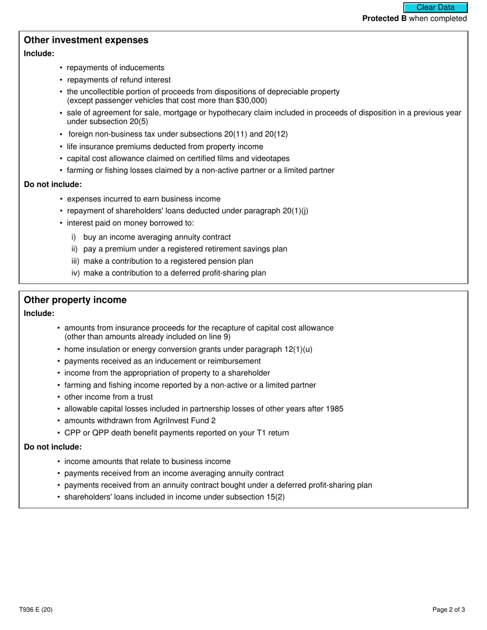 Form T936 Calculation of Cumulative Net Investment Loss (CNIL) - Canada, Page 2