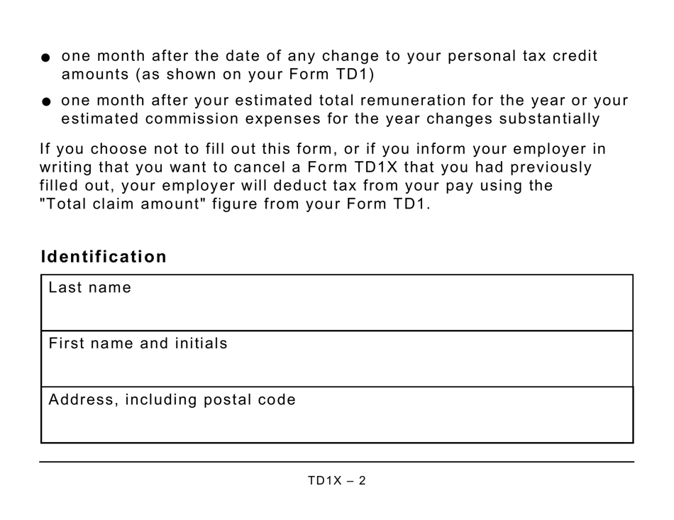 Form TD1X Statement of Commission Income and Expenses for Payroll Tax Deductions - Large Print - Canada, Page 2
