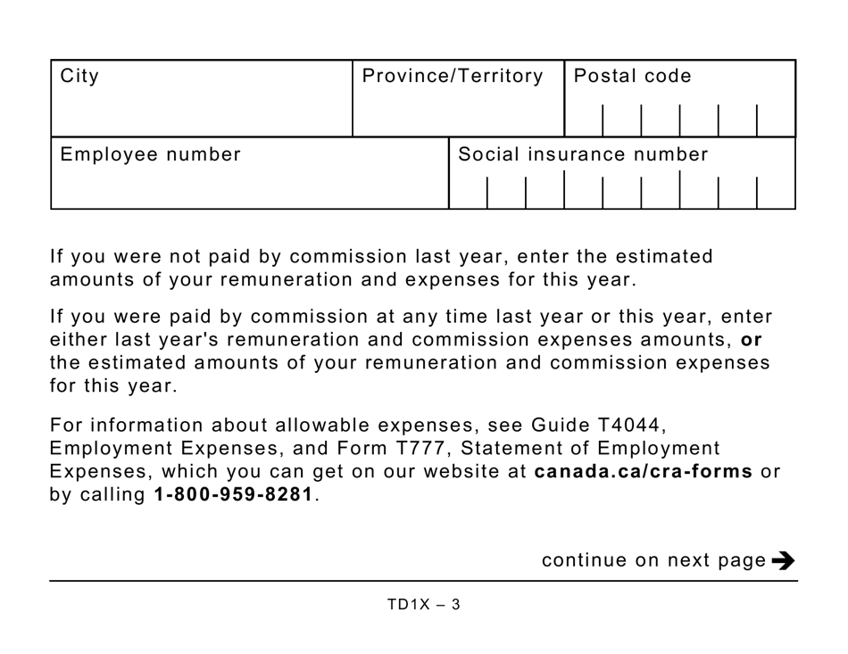 Form TD1X Statement of Commission Income and Expenses for Payroll Tax Deductions - Large Print - Canada, Page 3