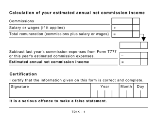 Form TD1X Statement of Commission Income and Expenses for Payroll Tax Deductions - Large Print - Canada, Page 4