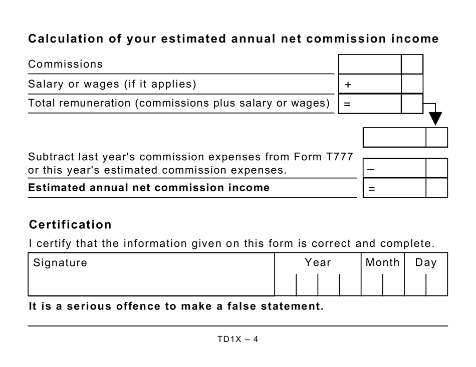 Form TD1X Statement of Commission Income and Expenses for Payroll Tax Deductions - Large Print - Canada, Page 4