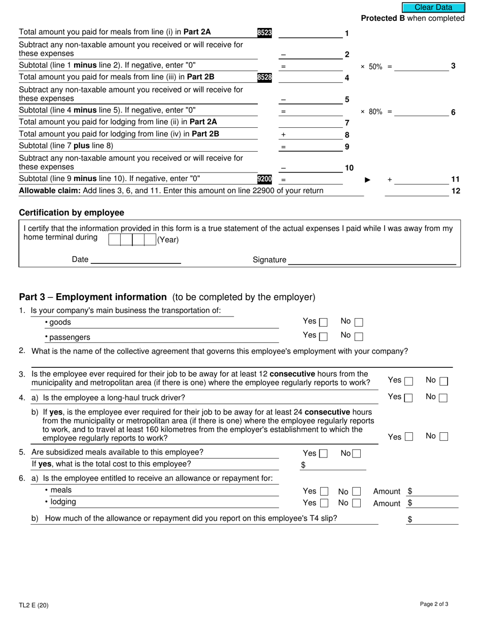 Form TL2 Claim for Meals and Lodging Expenses - Canada, Page 2